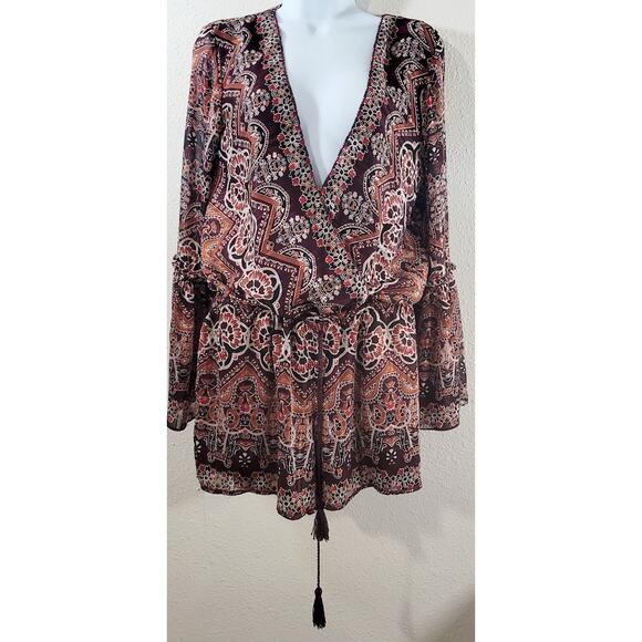 Chelesa Violet Burgundy Floral Print Romper Small Long Bell Sleeves Lightweight - Picture 1 of 7